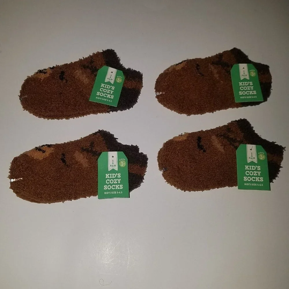 NEW 4 Pairs Brown Deer Kids Toddler Cozy Socks Fuzzy Size 5-6.5 Lot Reindeer